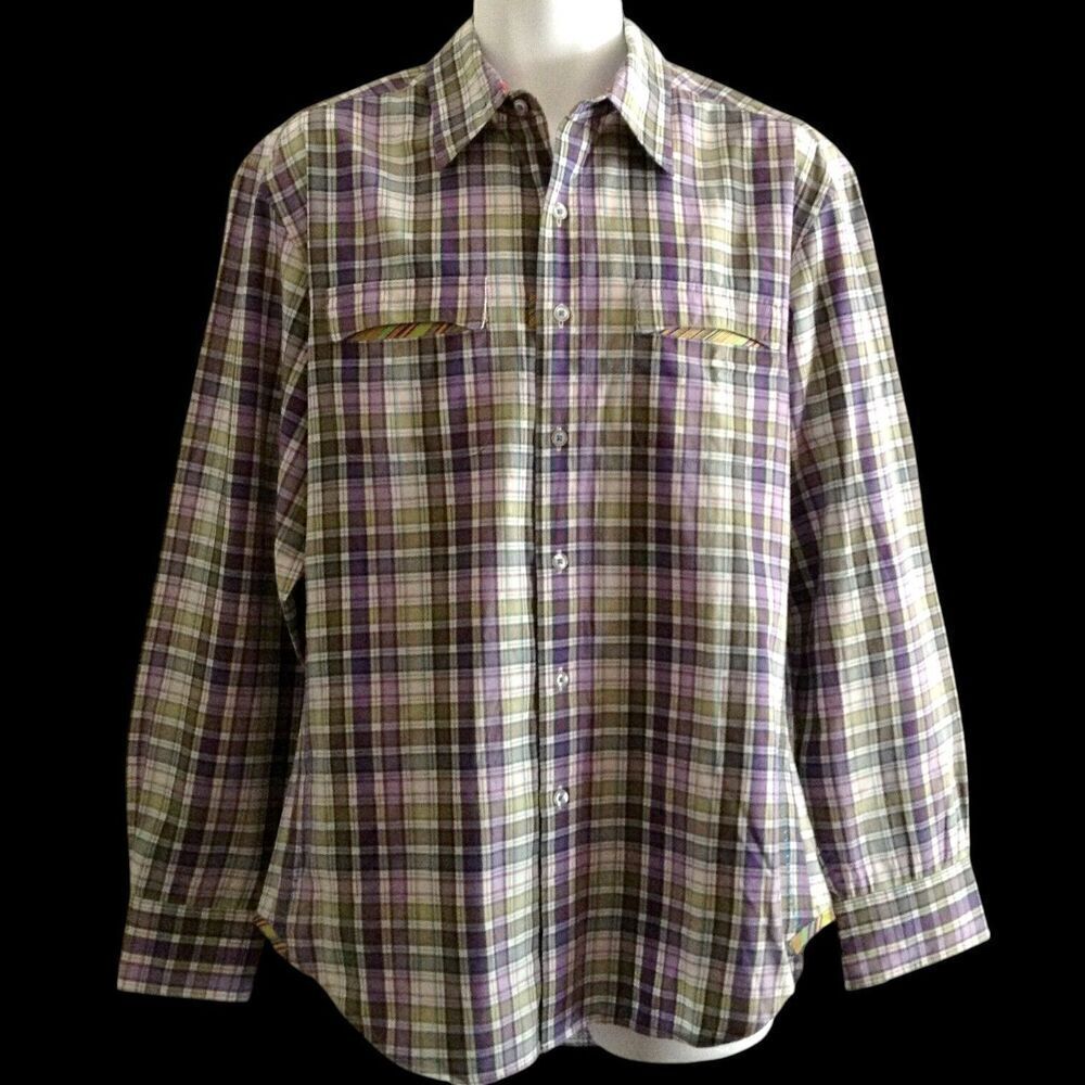 Robert Graham Shirt Men's Large Plaid Purple Green Ivory Business Casual